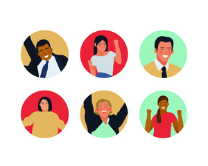 Happy Business Employee People Badges on Colorful Background. Modern Flat Vector Illustration. Feeling and Emotion Social Media Concept.
