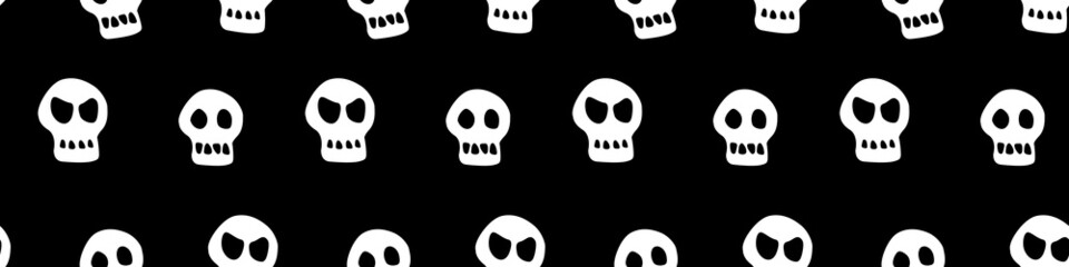 Seamless pattern with skulls. Primitive cartoon flat style. Background and texture on theme of Halloween, danger, death, war, poison. For fabric, packaging, party, poster, banner