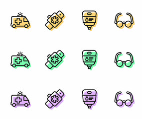 Set line IV bag, Ambulance car, Smart watch with heart and Glasses icon. Vector