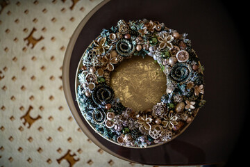 Christmas wreath decoration on a wooden door