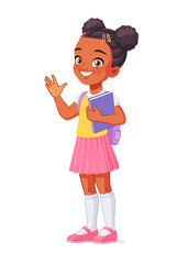 African American school girl greeting. Cartoon vector illustration.