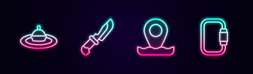 Set line Fishing float in water, Knife, Location fishing and Carabiner. Glowing neon icon. Vector © Iryna
