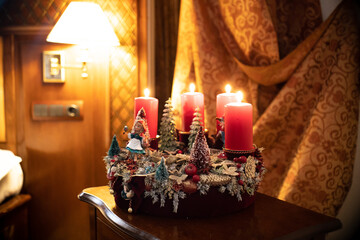 Christmas table composition. Beautiful decoration. Christmas trees, candles, stars, lights and elegant accessories. Merry Christmas and Happy Holidays, Template.