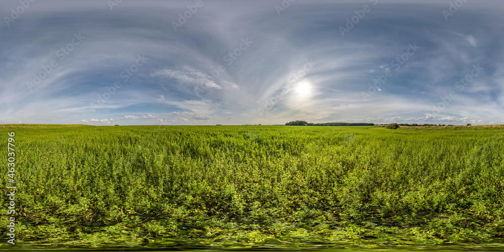 Wall mural evening hdri panorama 360 view among farming fields with sunset clouds in equirectangular spherical 