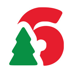 Number 6 with fir vector clip art, Christmas lettering isolated on white background