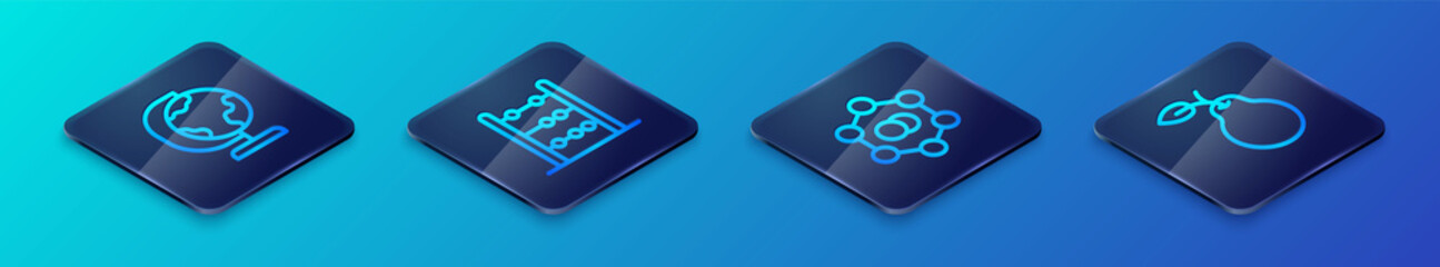Set Isometric line Molecule, Earth globe, Pear and Abacus icon. Vector