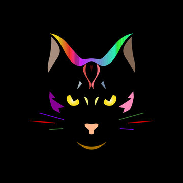 colorfull cat on black bakground, vector image.