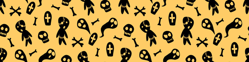 Happy Halloween-seamless pattern with set of characters-zombies, ghosts, skulls and bones. Textured background for greeting card, invitation, party poster, banner