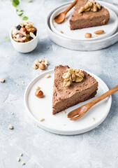 Nut raw cake without baking. Vegan dessert with nuts and cocoa