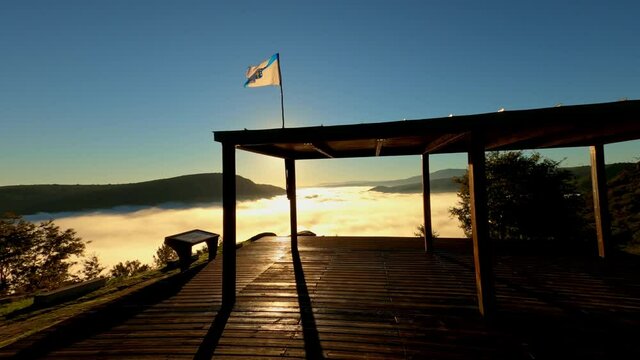 Travelling towards the sea of clouds at the viewpoint of A Lampa in the Ribeira Sacra, Galicia, Spain.