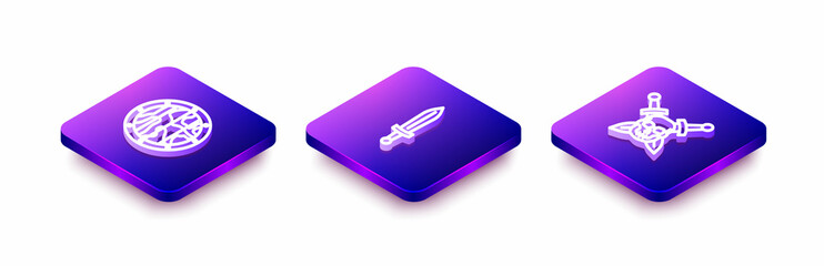 Set Isometric line Round wooden shield, Medieval sword and Skull with icon. Vector