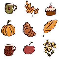 Set of doodle autumn elements isolated on white. Vector illustration of cup, leaves, pumpkin, flower, croissant, cake, apple for coloring book, greeting card, print.