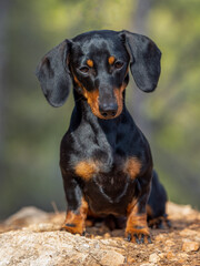 Portrait of young Black short-haired Dachshund Miniature German purebred dog fiery outdoors