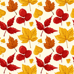 Seamless pattern, autumn leaves, autumn bright ornament, maple and strawberry leaves on a light background, yellow leaves