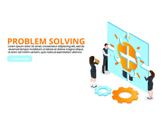 Team work solving light bulb puzzle 3d isometric vector illustration concept for banner, website, landing page, ads, flyer template
