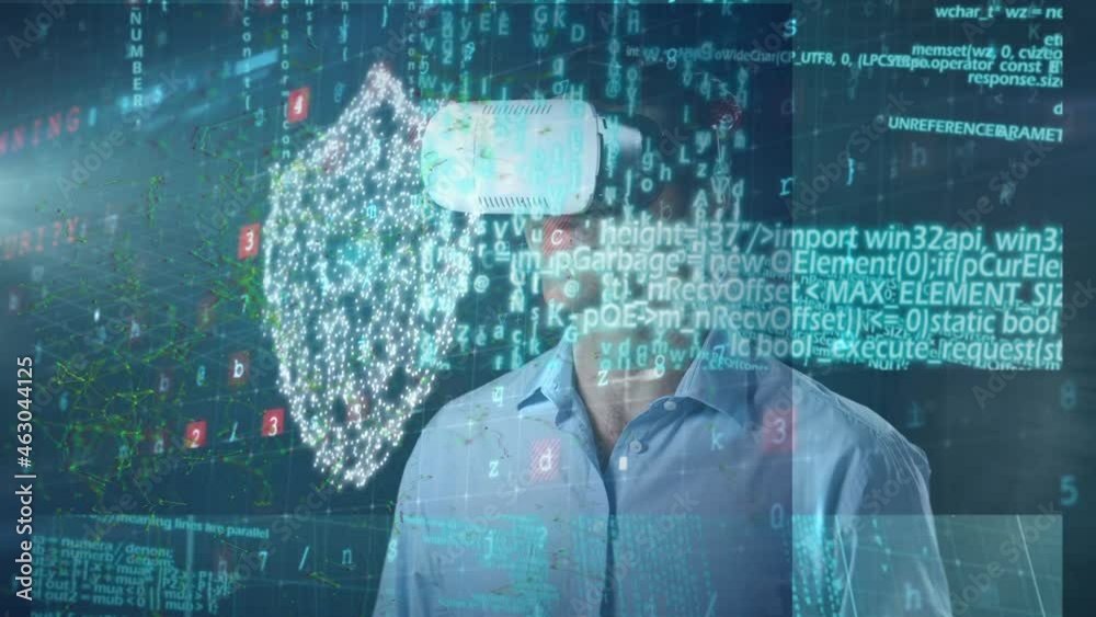 Poster Animation of network of connections, security icons over man wearing vr headset