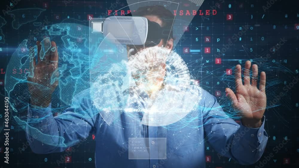 Poster Animation of globe over globe, human brain, man wearing vr headset and data processing