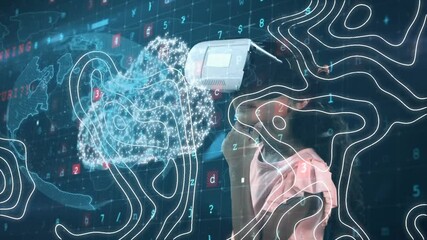Animation of data processing and globe over schoolgirl wearing vr headset - Powered by Adobe