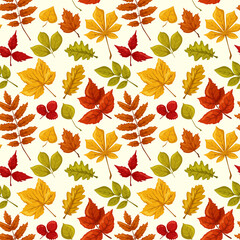 Seamless pattern, autumn leaves, autumn bright ornament, oak, maple, strawberry, aspen, chestnut leaves on a light background, yellow and red leaves