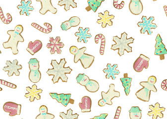 Gingerbread cookies on white background, flat lay composition. seamless pattens, isolated