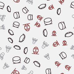 Set line Medieval bow, Hockey puck, Badminton shuttlecock and American Football ball on seamless pattern. Vector