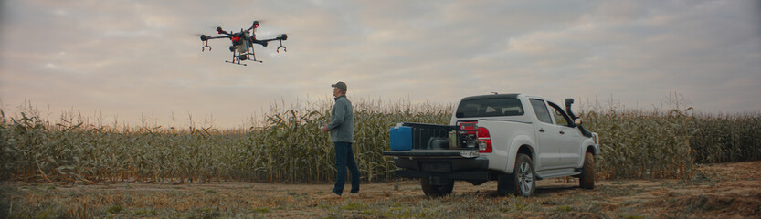 Farmer controlling a huge intelligent agriculture drone with spray nozzles near corn field early in the morning © supamotion
