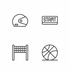 Set line Basketball ball, Volleyball net, Racing helmet and Ribbon finishing line icon. Vector