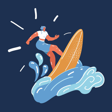 Vector Illustration Of Woman Surfing On Big Wave Over Dark Backround