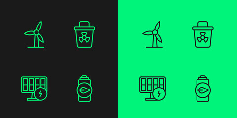 Set line Eco nature leaf battery, Solar energy panel, Wind turbine and Infectious waste icon. Vector