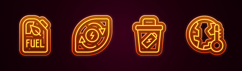Set line Bio fuel canister, Water energy, Trash and Earth melting to global warming. Glowing neon icon. Vector