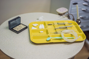 Equipment and dental instruments in dentist's office. Tools close-up. Dentistry