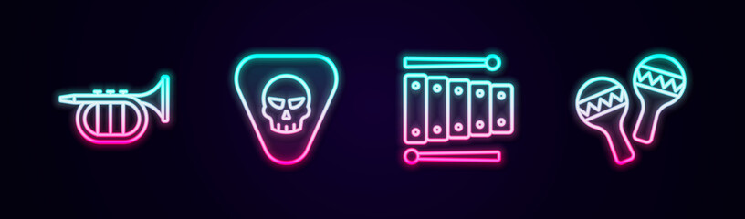 Set line Trumpet, Guitar pick, Xylophone and Maracas. Glowing neon icon. Vector