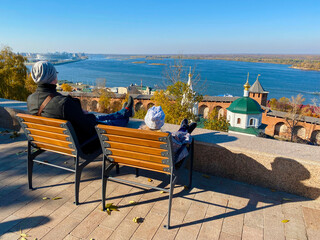 Observation deck in the Kremlin of Nizhny Novgorod. View of the Volga and Oka spit.
