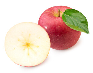 San Fuji Apple isolated on white background With clipping path, Fresh Pink Apple with leaf on white background.