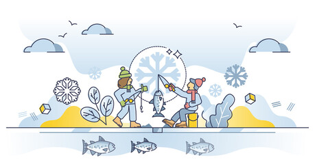 Fototapeta na wymiar Ice fishing hobby as catching fish in seasonal winter time outline concept. Sitting on frozen lake with hole in ice and pull out fish with rod vector illustration. North leisure and outdoors activity.