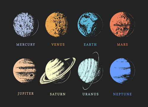 Solar system planets, drawn sketches in vector.