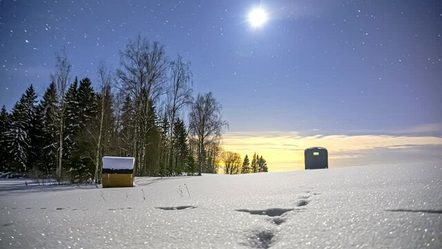 Bright Moon And Clouds At Night Over Thermowood Barrel Sauna And Cabin House During Winter Season. - timelapse, long exposure