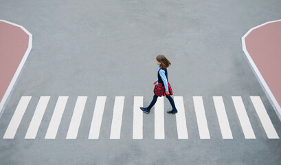 Stylish young teen girl walking. Active child. Kid runs across the crosswalk. Way forward. Direction to success. Positive thinking. Symbol of overcome obstacles and challenge. Top view