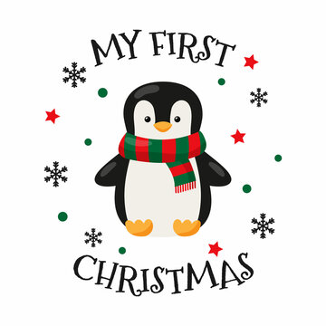 My first Christmas with penguin. Vector illustration. 