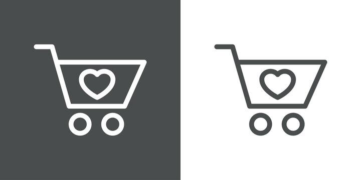 I love shop. Logotipo con silueta de carrito de la compra con corazón con lineas en fondo gris y fondo blanco