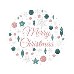 Vector square Christmas greeting card with balls, snowflakes, stars, snow and lettering on white background.