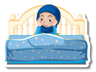 A sticker template with muslim girl sitting on the bed
