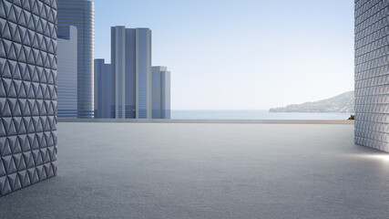 Empty concrete floor and gray wall. 3d rendering of sea view plaza with clear sky background. - obrazy, fototapety, plakaty
