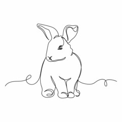 Continuous one line drawing of baby bunny Easter rabbit in silhouette on a white background. Linear stylized.