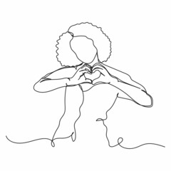 Continuous one line drawing of beautiful woman in love doing heart symbol, womans day, valentines day concept in silhouette on a white background. Linear stylized.