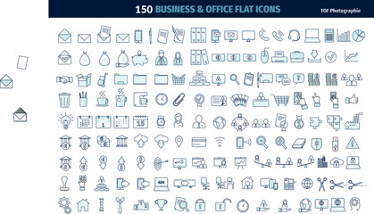 collection de 150 icônes et pictogrammes vectoriels modernes illustrant la finance, le travail, l'informatique et la vie au bureau - obrazy, fototapety, plakaty
