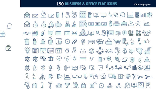 collection de 150 icônes et pictogrammes vectoriels modernes illustrant la finance, le travail, l'informatique et la vie au bureau