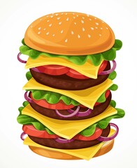 Vector big tall hamburger with cutlet, cheese, green lettuce, tomato and onion rings isolated on a white background