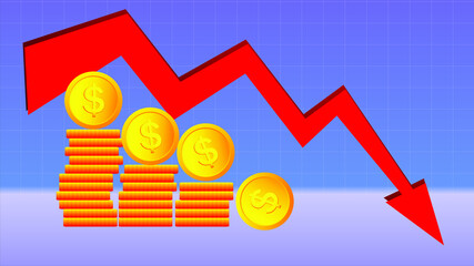 Cost low and loss. Decrease revenue. Crisis of economy. Icon of money inflation. Graph of financial investment with arrow down. Reduction of business. Bankruptcy of company or lack of budget. Vector.