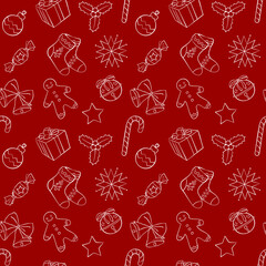 Christmas themed vector seamless hand-drawn pattern red and white